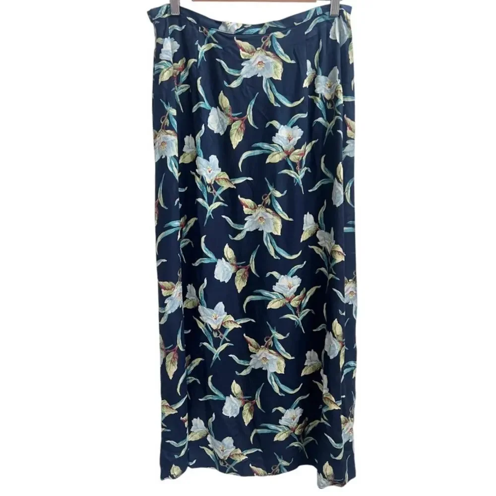 Laura Ashley Maxi Skirt US 12 Navy Blue Lily Floral Print Made in UK Cottagecore